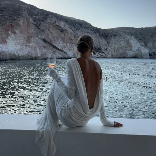 Celestial Comfort Backless White Long Sleeve Dress - Slim Fit, Pleated Elegant Design, Round Neck Evening Gown - Celestial Comfort Clothing