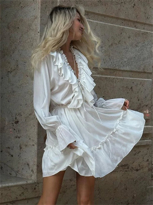 Obsidian Phoenix Luxury Ruffled V-Neck White Mini Dress - Elegant Long Sleeve High-Waist Lace-Up Bandage Dress for Women