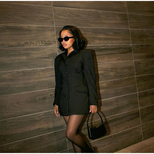 Obsidian Phoenix Black Blazer Mini Dress - Elegant V-Neck, Single-Breasted High-Waist Design, Perfect for Ladies' Commute Wear