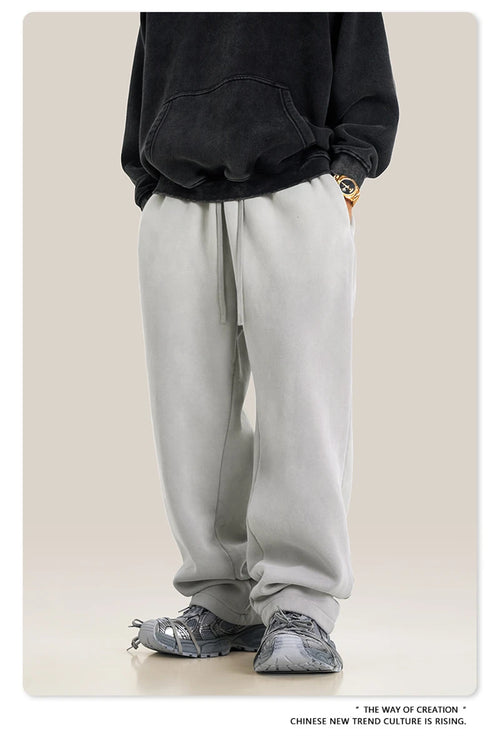 Obsidian Phoenix Unisex Luxury Washed Fleece Pants - 332gsm Retro High Street Warm Oversized Straight-Leg Trousers