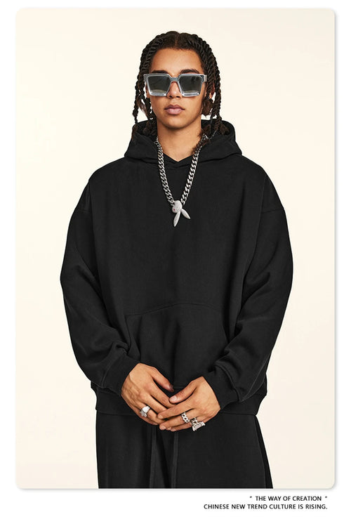 Obsidian Phoenix Unisex Luxury Solid Fleece Hoodie - 420gsm Retro Relaxed-Fit Warm Hooded Pullover