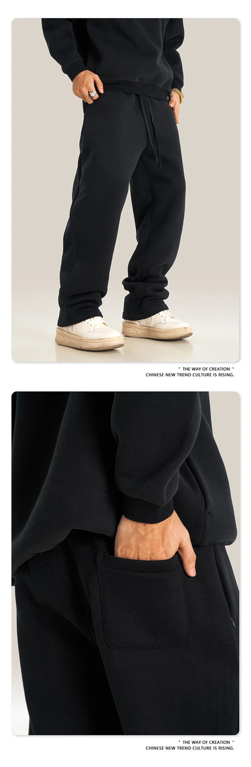 Obsidian Phoenix Unisex Luxury Fleece Straight Pants - 345gsm Solid Loose-Fit Sport Trousers with Zipper Pockets