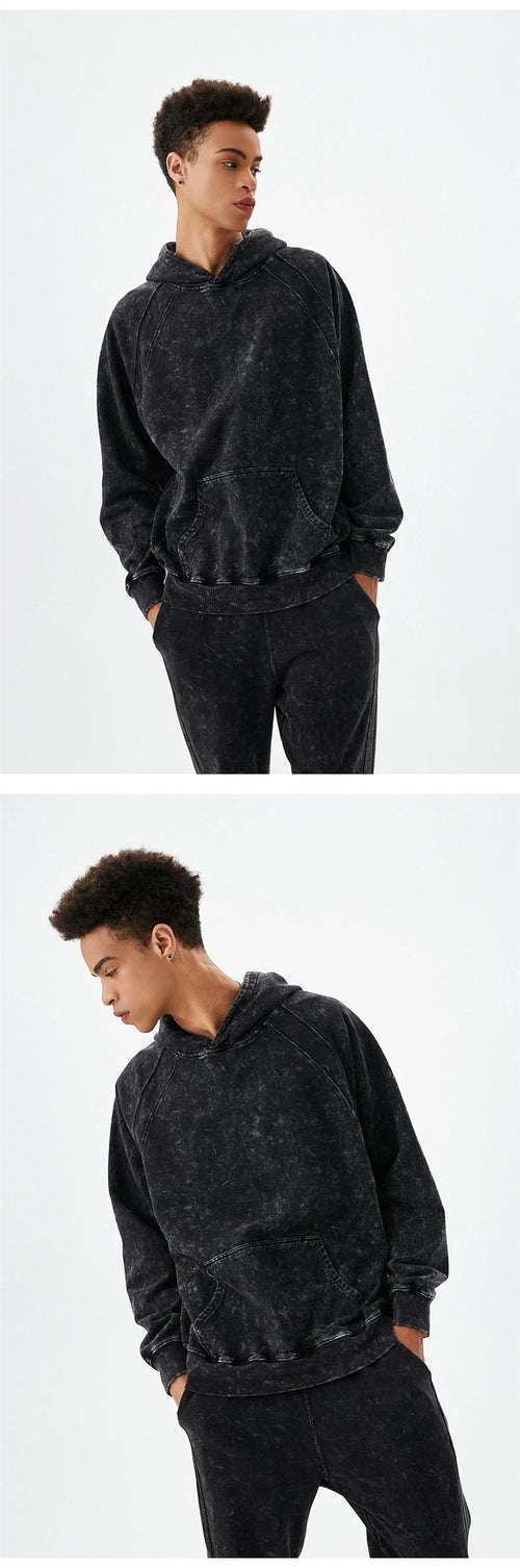 Obsidian Phoenix Unisex Luxury Batik Washed Hoodie - 420gsm Distressed Patchwork Loose-Fit Hooded Pullover