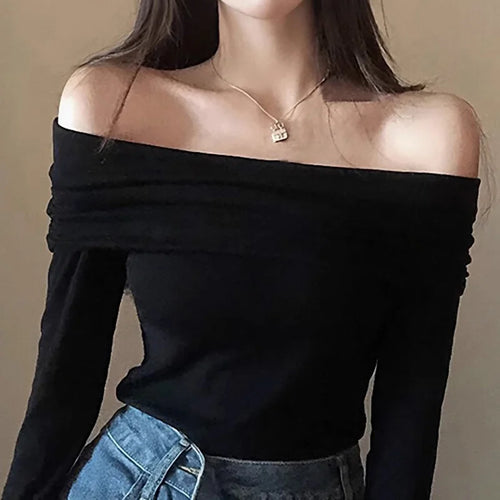 Obsidian Phoenix Women's Luxury Off-Shoulder T-Shirt - Sexy Long Sleeve Solid Black Crop Top