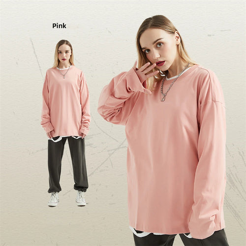 Obsidian Phoenix Unisex Luxury Solid Cotton T-Shirt - 230gsm Loose-Fit O-Neck Long-Sleeve Tee
