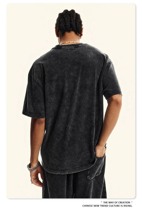 Obsidian Phoenix Unisex Luxury Vintage Washed Cotton T-Shirt - 260gsm Distressed Ripped Solid Tee