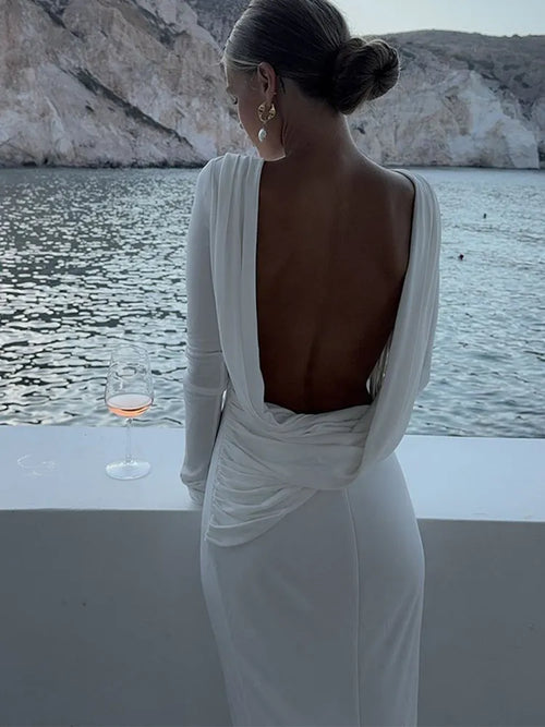 Celestial Comfort Backless White Long Sleeve Dress - Slim Fit, Pleated Elegant Design, Round Neck Evening Gown - Celestial Comfort Clothing