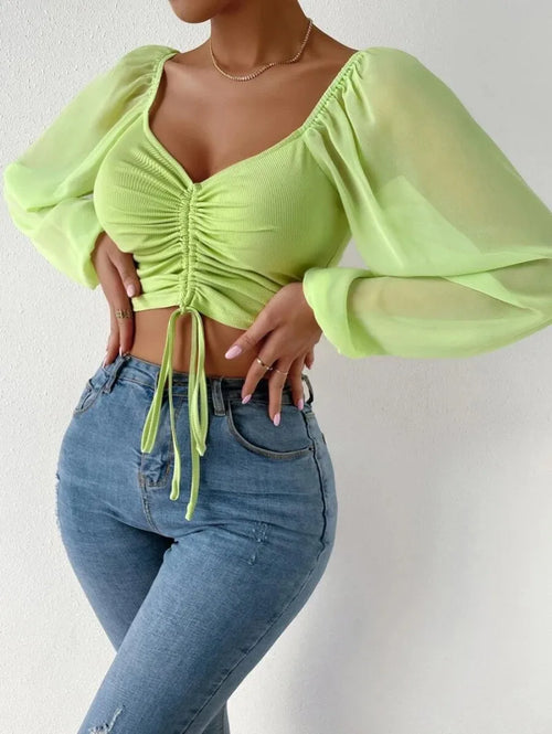 Obsidian Phoenix Women's Luxury Sweetheart Neck Crop Top - Drawstring Ruched Lantern Sleeve Slim Fit Blouse