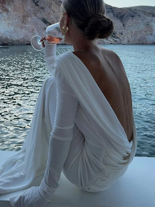 Celestial Comfort Backless White Long Sleeve Dress - Slim Fit, Pleated Elegant Design, Round Neck Evening Gown - Celestial Comfort Clothing