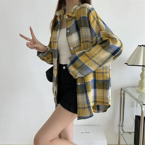 Celestial Comfort Women’s Plaid Shirt - Long-Sleeve Vintage Preppy Style Blouse, Single-Breasted and Loose Fit - Celestial Comfort Clothing