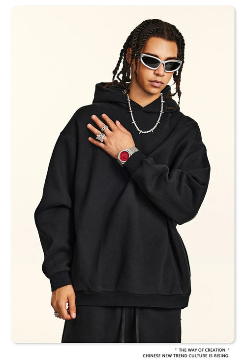 Obsidian Phoenix Unisex Luxury Solid Fleece Hoodie - 345gsm Loose-Fit Warm Hooded Pullover with Side Zipper Pockets