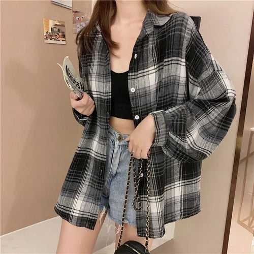 Celestial Comfort Women’s Plaid Shirt - Long-Sleeve Vintage Preppy Style Blouse, Single-Breasted and Loose Fit - Celestial Comfort Clothing