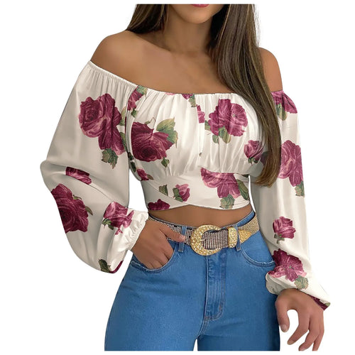 Obsidian Phoenix Women's Luxury Off-Shoulder Printed Blouse - Chic Lantern Long Sleeve Lace-Up Bow Cropped Top