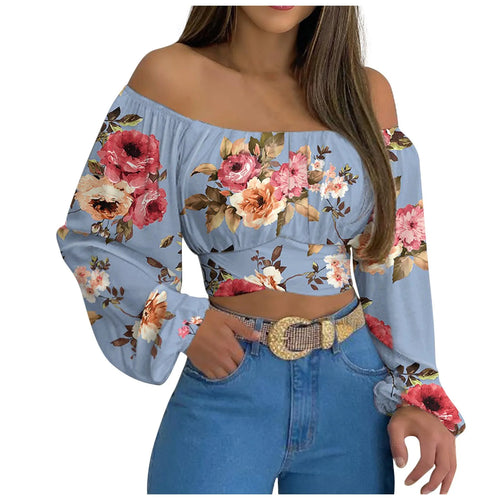 Obsidian Phoenix Women's Luxury Off-Shoulder Printed Blouse - Chic Lantern Long Sleeve Lace-Up Bow Cropped Top