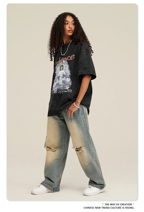 Obsidian Phoenix Unisex Luxury Angel Print T-Shirt - 270gsm Washed Cotton Retro Hip Hop Tee