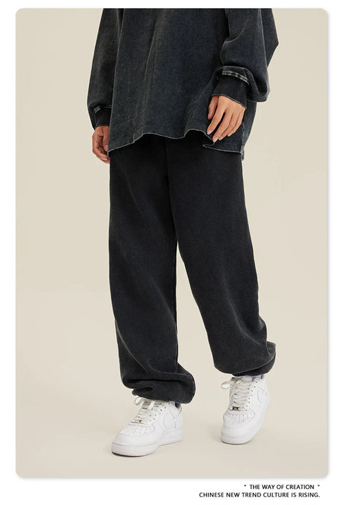 Obsidian Phoenix Luxury 355gsm Washed Fleece Sweatpants - Unisex Retro Loose-Fit Warm Joggers