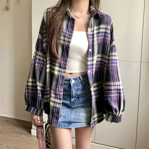 Celestial Comfort Women’s Plaid Shirt - Long-Sleeve Vintage Preppy Style Blouse, Single-Breasted and Loose Fit - Celestial Comfort Clothing