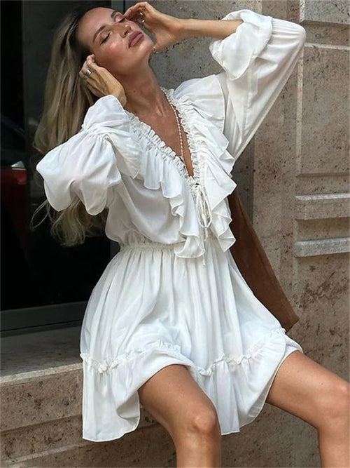 Obsidian Phoenix Luxury Ruffled V-Neck White Mini Dress - Elegant Long Sleeve High-Waist Lace-Up Bandage Dress for Women
