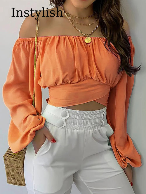 Obsidian Phoenix Women's Luxury Off-Shoulder Printed Blouse - Chic Lantern Long Sleeve Lace-Up Bow Cropped Top