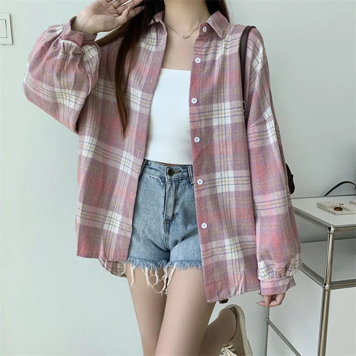 Celestial Comfort Women’s Plaid Shirt - Long-Sleeve Vintage Preppy Style Blouse, Single-Breasted and Loose Fit - Celestial Comfort Clothing