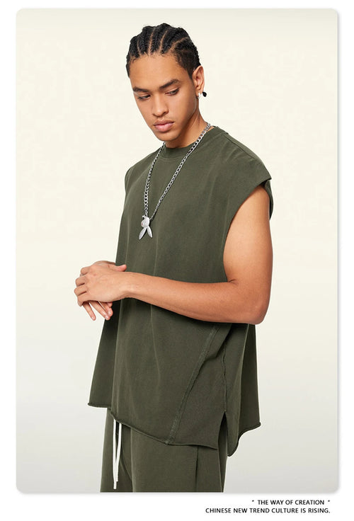 Obsidian Phoenix Unisex Luxury Washed Cotton Tank Top - 270gsm Vintage Relaxed-Fit Slit Sleeveless Vest