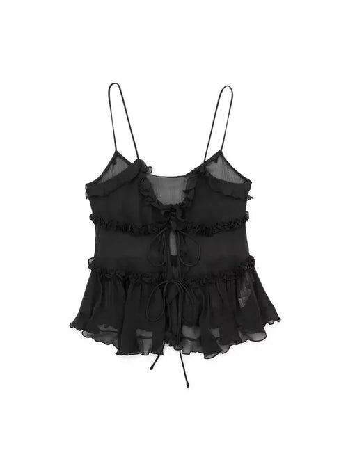 Celestial Comfort Ruffled Front Tie Tank Top - Semi-Sheer, Backless with Thin Straps, Sexy Women’s Camisole - Celestial Comfort Clothing