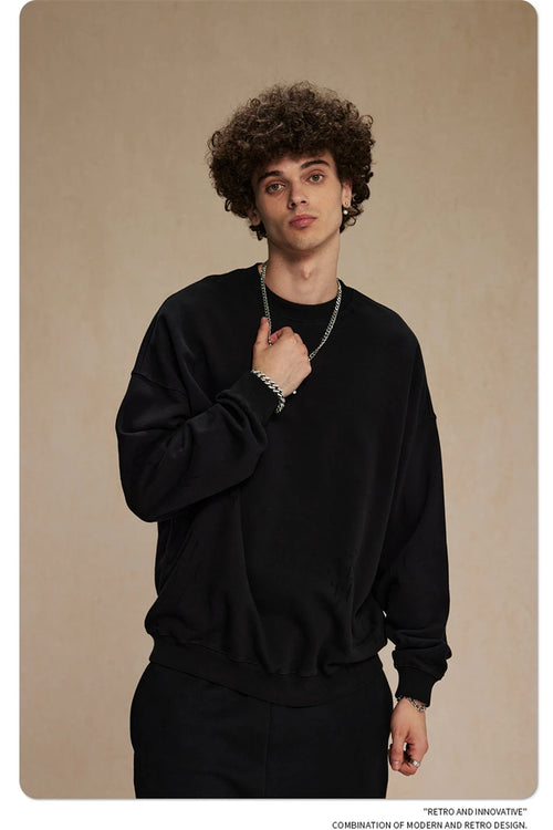 Obsidian Phoenix Unisex Luxury Distressed Cotton Sweatshirt - 430gsm High Street Loose-Fit O-Neck Pullover with Ripped Holes