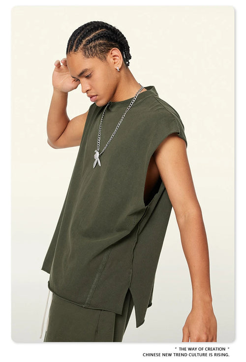 Obsidian Phoenix Unisex Luxury Washed Cotton Tank Top - 270gsm Vintage Relaxed-Fit Slit Sleeveless Vest