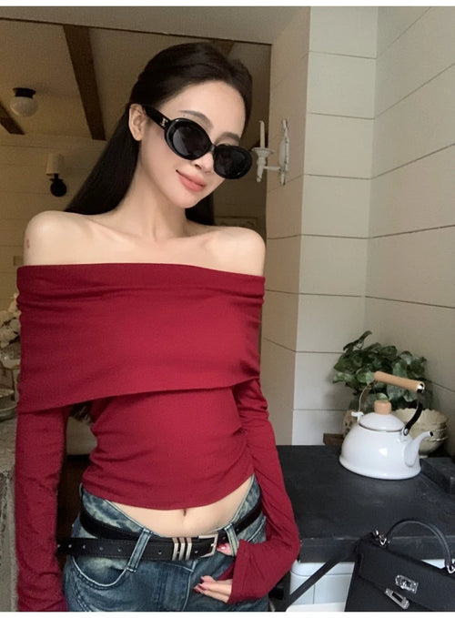 Obsidian Phoenix Women's Luxury Off-Shoulder T-Shirt - Sexy Long Sleeve Solid Black Crop Top