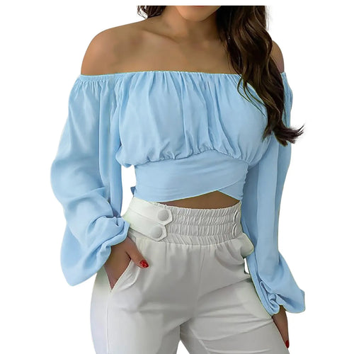 Obsidian Phoenix Women's Luxury Off-Shoulder Printed Blouse - Chic Lantern Long Sleeve Lace-Up Bow Cropped Top