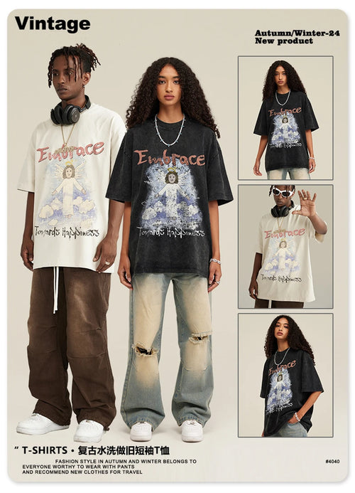 Obsidian Phoenix Unisex Luxury Angel Print T-Shirt - 270gsm Washed Cotton Retro Hip Hop Tee
