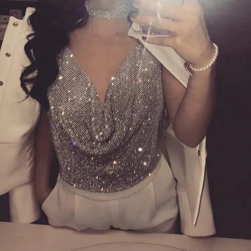 Celestial Comfort Rhinestone Backless Crop Top - V-Neck Glitter Metal Tank Top - Celestial Comfort Clothing