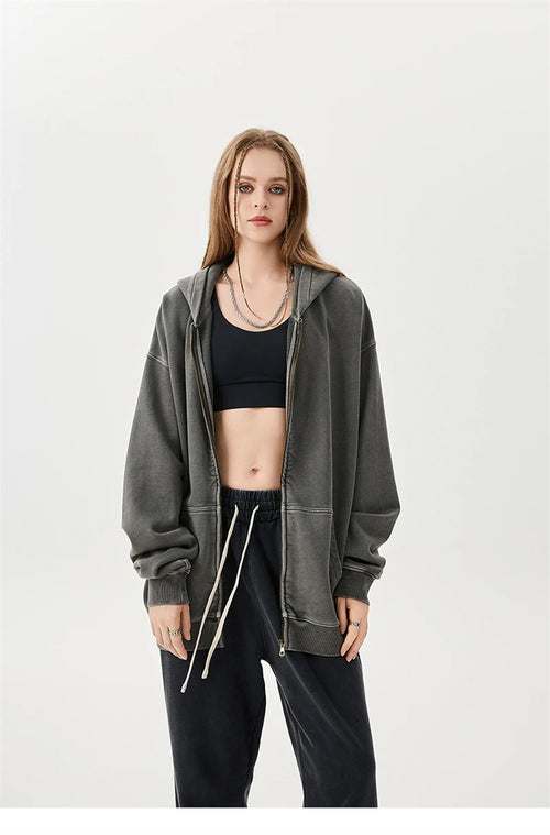 Obsidian Phoenix Unisex Luxury Batik Washed Zipper Hoodie - 420gsm Heavyweight Oversized Distressed 100% Cotton Hooded Jacket
