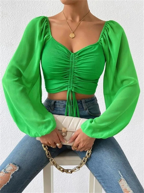 Obsidian Phoenix Women's Luxury Sweetheart Neck Crop Top - Drawstring Ruched Lantern Sleeve Slim Fit Blouse