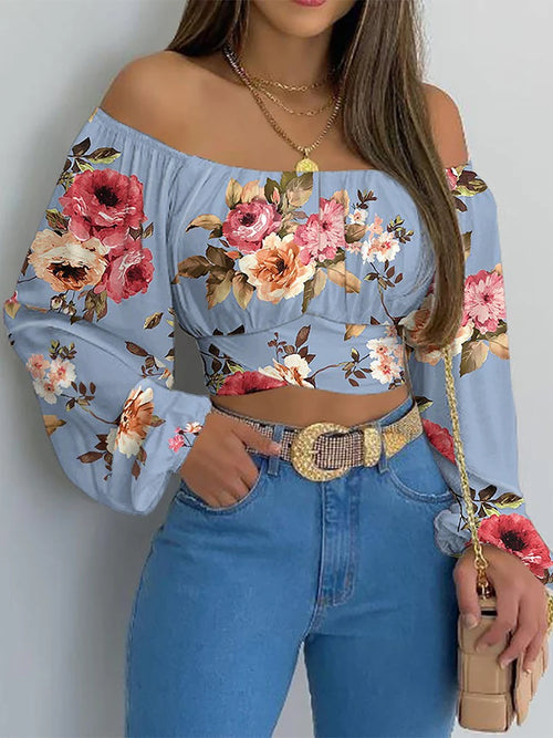 Obsidian Phoenix Women's Luxury Off-Shoulder Printed Blouse - Chic Lantern Long Sleeve Lace-Up Bow Cropped Top