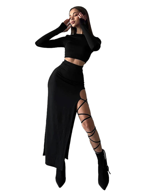 Obsidian Phoenix Women's Luxury Pullover Crop Top and High-Split Skirt Set
