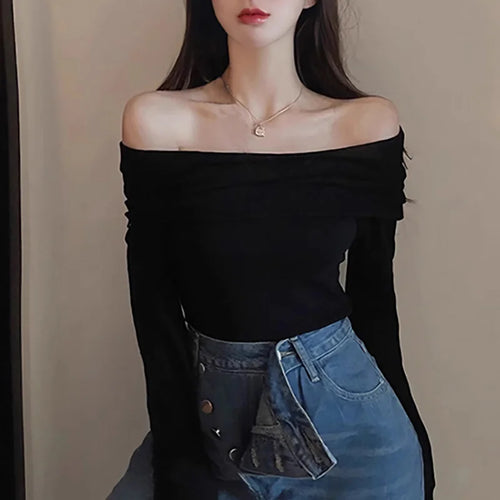 Obsidian Phoenix Women's Luxury Off-Shoulder T-Shirt - Sexy Long Sleeve Solid Black Crop Top