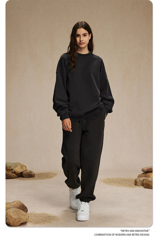 Obsidian Phoenix Unisex Luxury Distressed Cotton Sweatshirt - 430gsm High Street Loose-Fit O-Neck Pullover with Ripped Holes