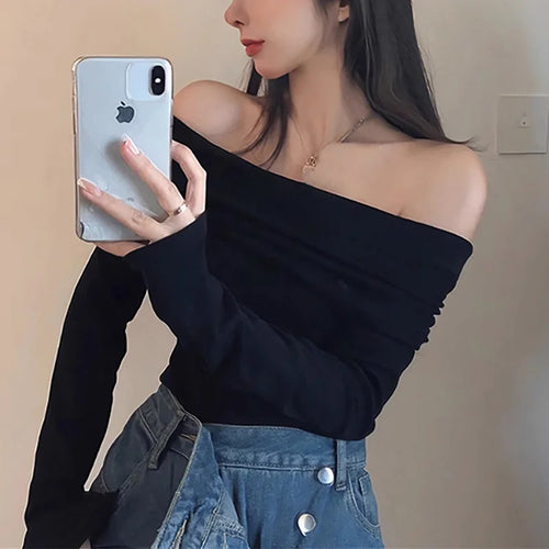 Obsidian Phoenix Women's Luxury Off-Shoulder T-Shirt - Sexy Long Sleeve Solid Black Crop Top
