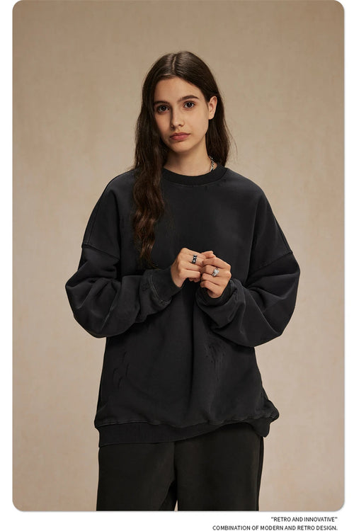 Obsidian Phoenix Unisex Luxury Distressed Cotton Sweatshirt - 430gsm High Street Loose-Fit O-Neck Pullover with Ripped Holes