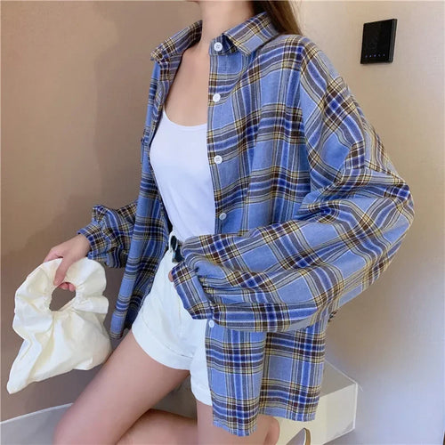 Celestial Comfort Women’s Plaid Shirt - Long-Sleeve Vintage Preppy Style Blouse, Single-Breasted and Loose Fit - Celestial Comfort Clothing