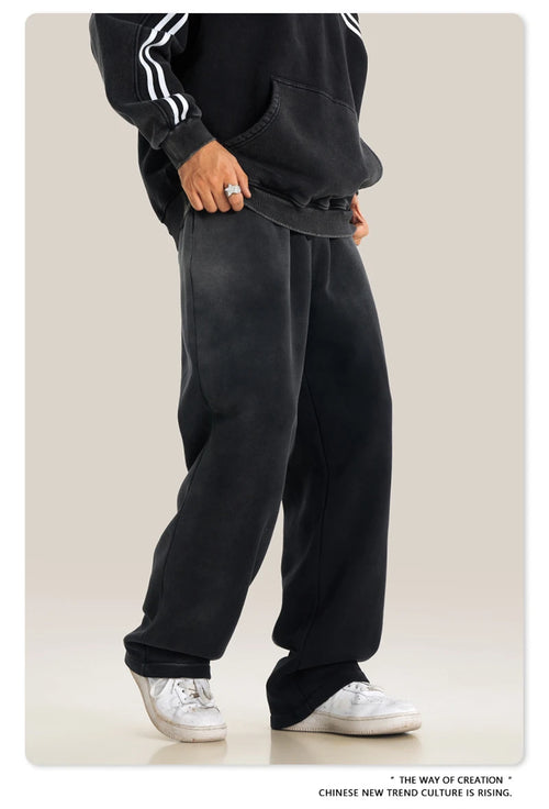 Obsidian Phoenix Unisex Luxury Washed Fleece Pants - 332gsm Retro High Street Warm Oversized Straight-Leg Trousers