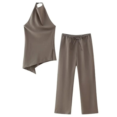 Celestial Comfort Two-Piece Set - Brown Pleated Halter Top & Straight Pants, Vintage Chic Women’s Pantsuit - Celestial Comfort Clothing
