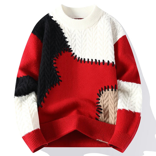 Obsidian Phoenix Luxury Cashmere Patchwork Sweater - High-End Thick Warm Men’s Christmas Pullover Jumper