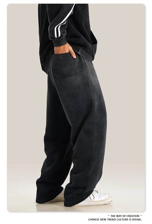 Obsidian Phoenix Unisex Luxury Washed Fleece Pants - 332gsm Retro High Street Warm Oversized Straight-Leg Trousers