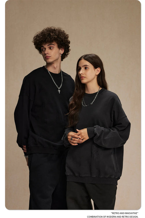 Obsidian Phoenix Unisex Luxury Distressed Cotton Sweatshirt - 430gsm High Street Loose-Fit O-Neck Pullover with Ripped Holes
