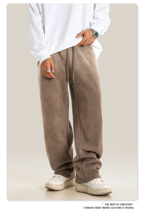 Obsidian Phoenix Unisex Luxury Washed Fleece Pants - 332gsm Retro High Street Warm Oversized Straight-Leg Trousers