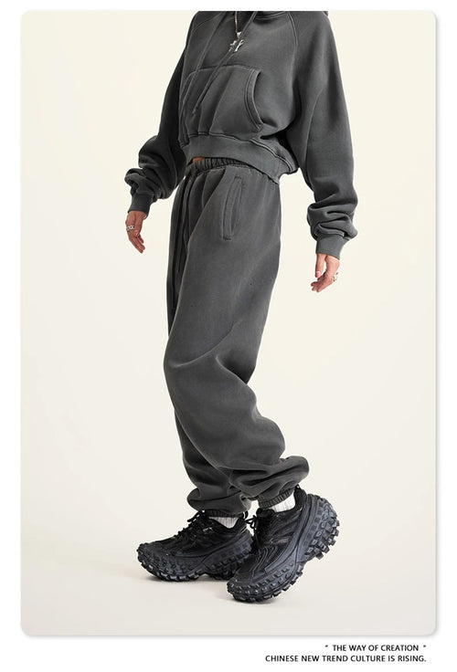 Obsidian Phoenix Luxury 355gsm Washed Fleece Sweatpants - Unisex Retro Loose-Fit Warm Joggers