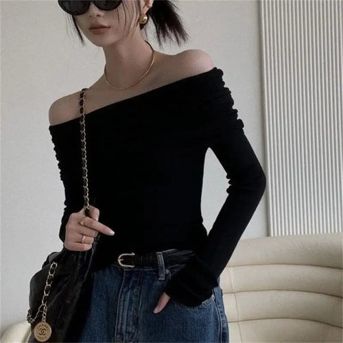 Obsidian Phoenix Women's Luxury Off-Shoulder T-Shirt - Sexy Long Sleeve Solid Black Crop Top