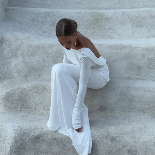 Celestial Comfort Backless White Long Sleeve Dress - Slim Fit, Pleated Elegant Design, Round Neck Evening Gown - Celestial Comfort Clothing